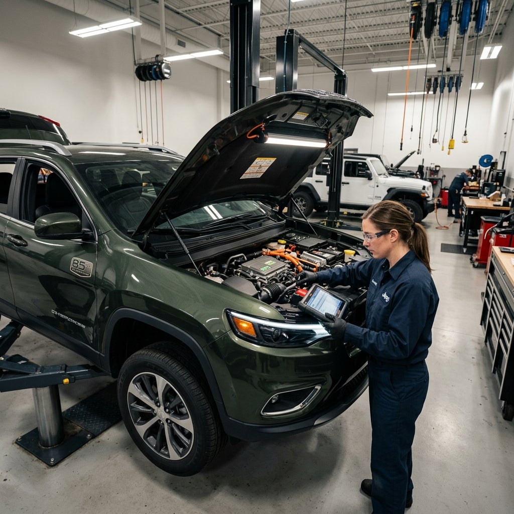 Female mechanic using a diagnostic tablet while inspecting the open engine bay of a green Jeep SUV. (Representative image for illustration purposes only. Actual vehicle may vary based on trim and configuration.)