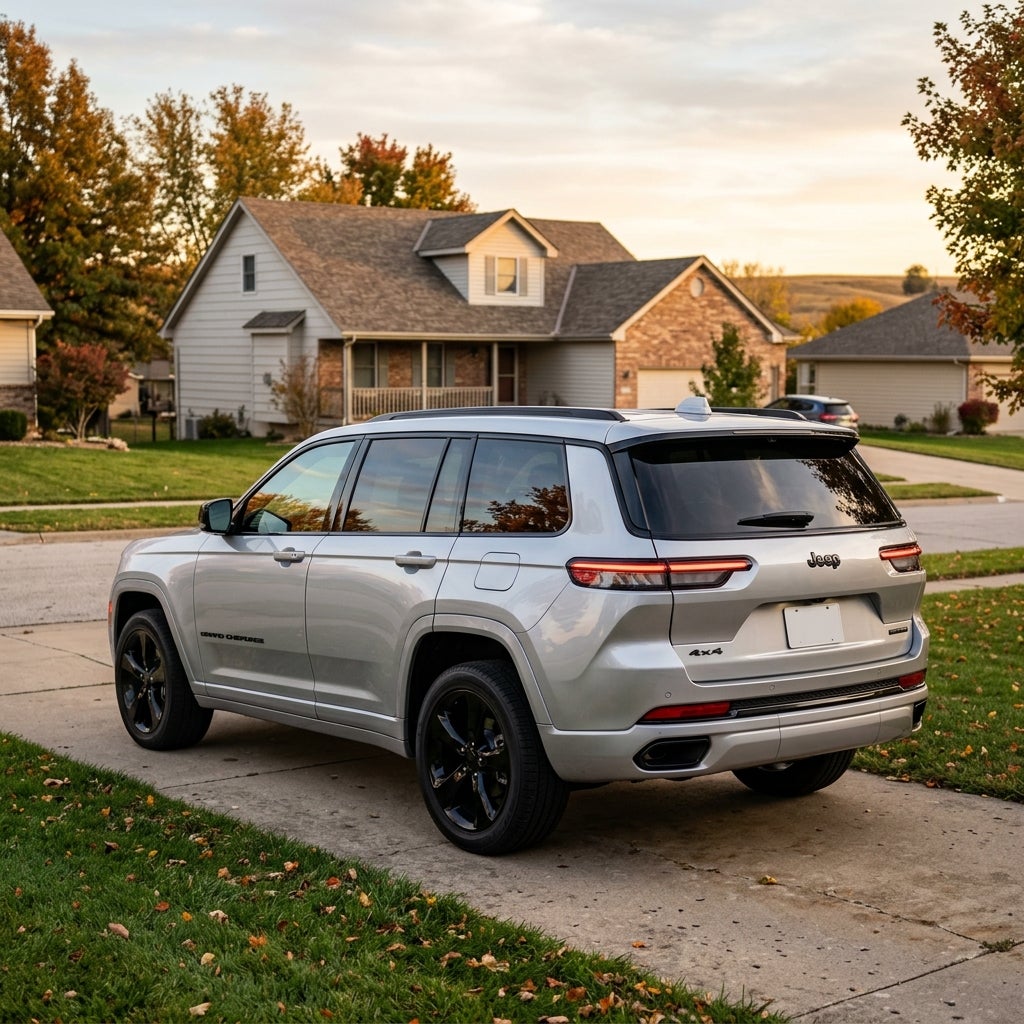 Silver Jeep Grand Cherokee with black wheels parked on a suburban concrete driveway during autumn. (Representative image for illustration purposes only. Actual vehicle may vary based on trim and configuration.)