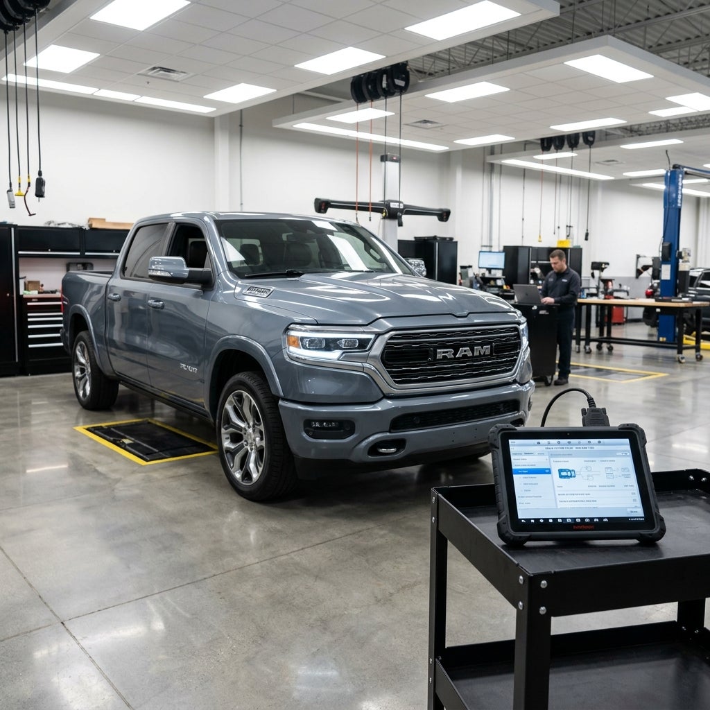 A grey RAM pickup truck in a brightly lit automotive service shop next to a diagnostic tablet on a black cart. (Representative image for illustration purposes only. Actual vehicle may vary based on trim and configuration.)