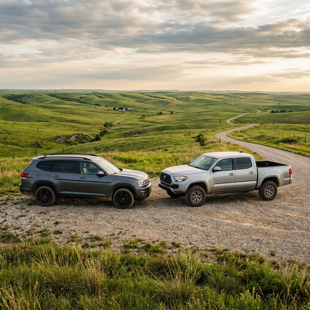 A grey SUV and a silver pickup truck parked on a gravel path overlooking rolling green hills. (Representative image for illustration purposes only. Actual vehicle may vary based on trim and configuration.)