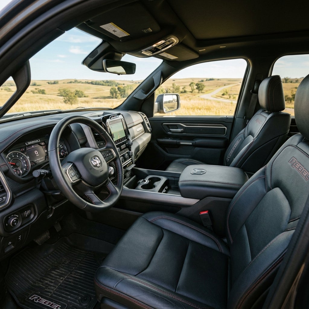 Front interior view of a Ram Rebel truck featuring black leather seats, steering wheel, and digital dashboard. (Representative image for illustration purposes only. Actual vehicle may vary based on trim and configuration.)