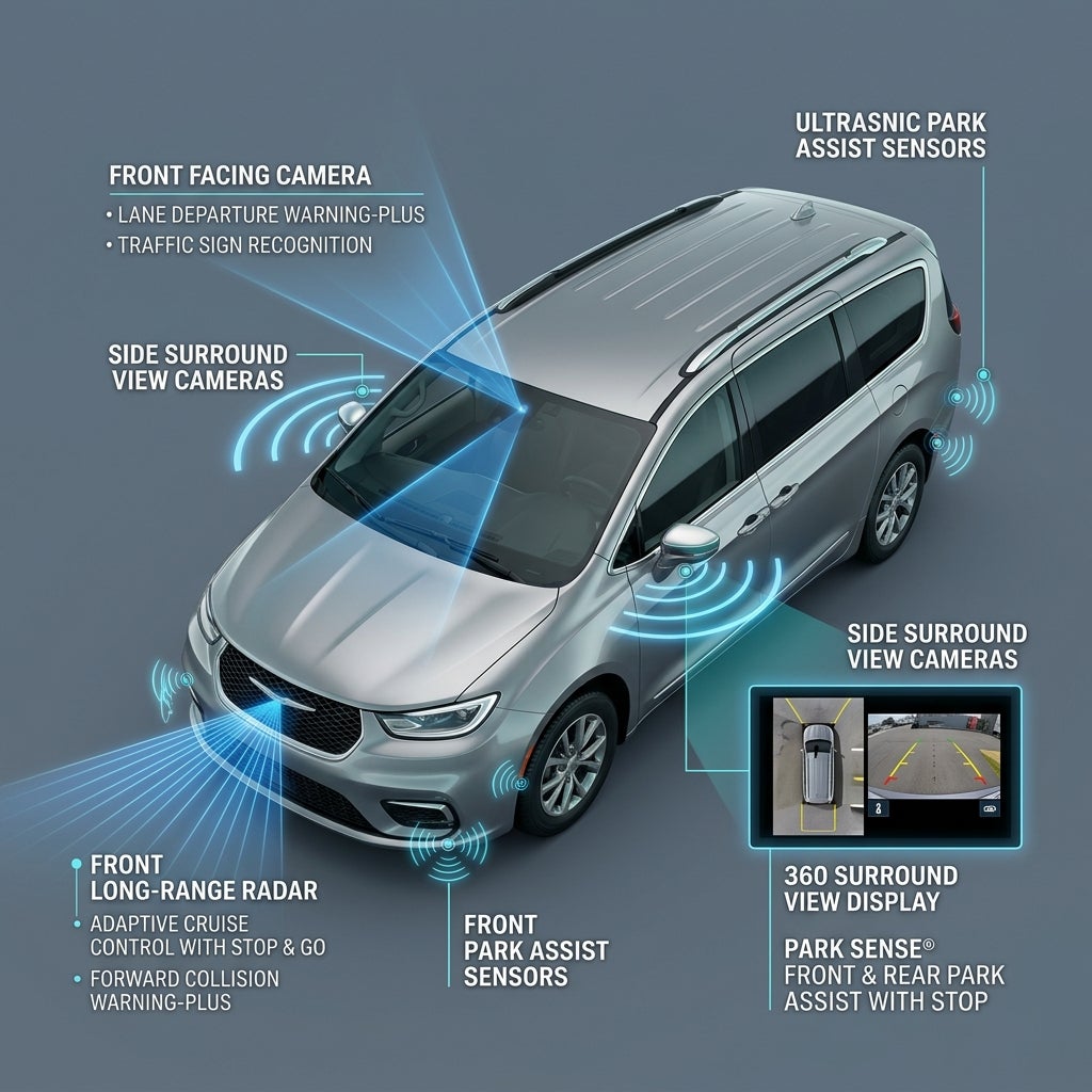 Infographic showing the sensor, camera, and radar locations for a silver minivan's safety systems. (Representative image for illustration purposes only. Actual vehicle may vary based on trim and configuration.)