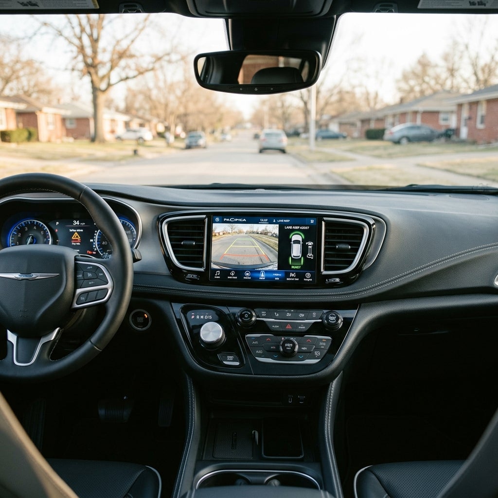Driver's view of a Chrysler Pacifica dashboard featuring an active backup camera display while driving through a neighborhood. (Representative image for illustration purposes only. Actual vehicle may vary based on trim and configuration.)