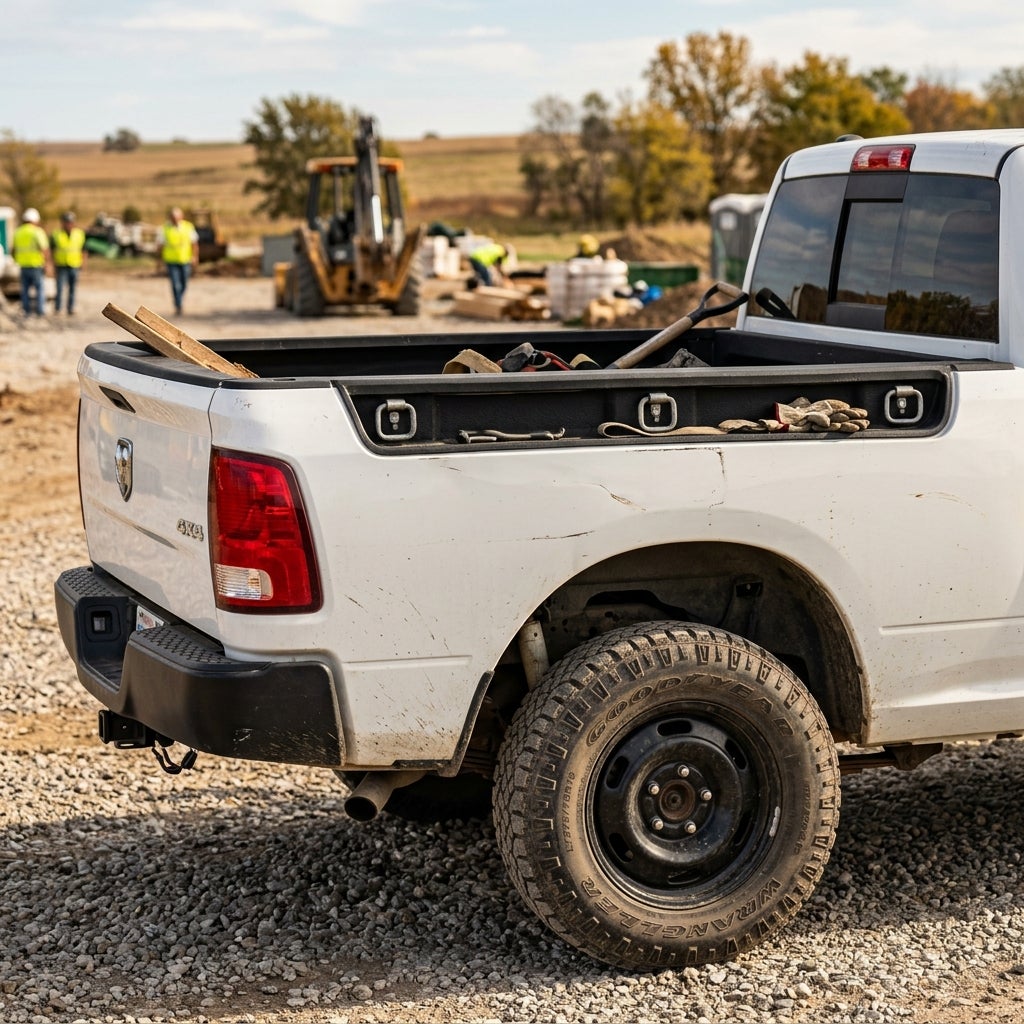 White Ram pickup truck parked at a construction site with tools in the bed and backhoe in the background. (Representative image for illustration purposes only. Actual vehicle may vary based on trim and configuration.)