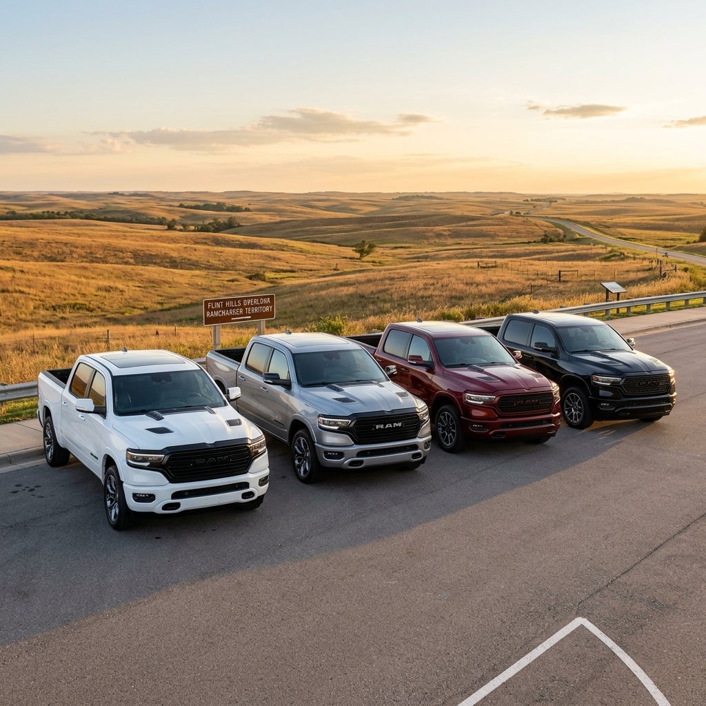 Four Ram pickup trucks parked in a row along a scenic overlook with rolling hills in the background. (Representative image for illustration purposes only. Actual vehicle may vary based on trim and configuration.)