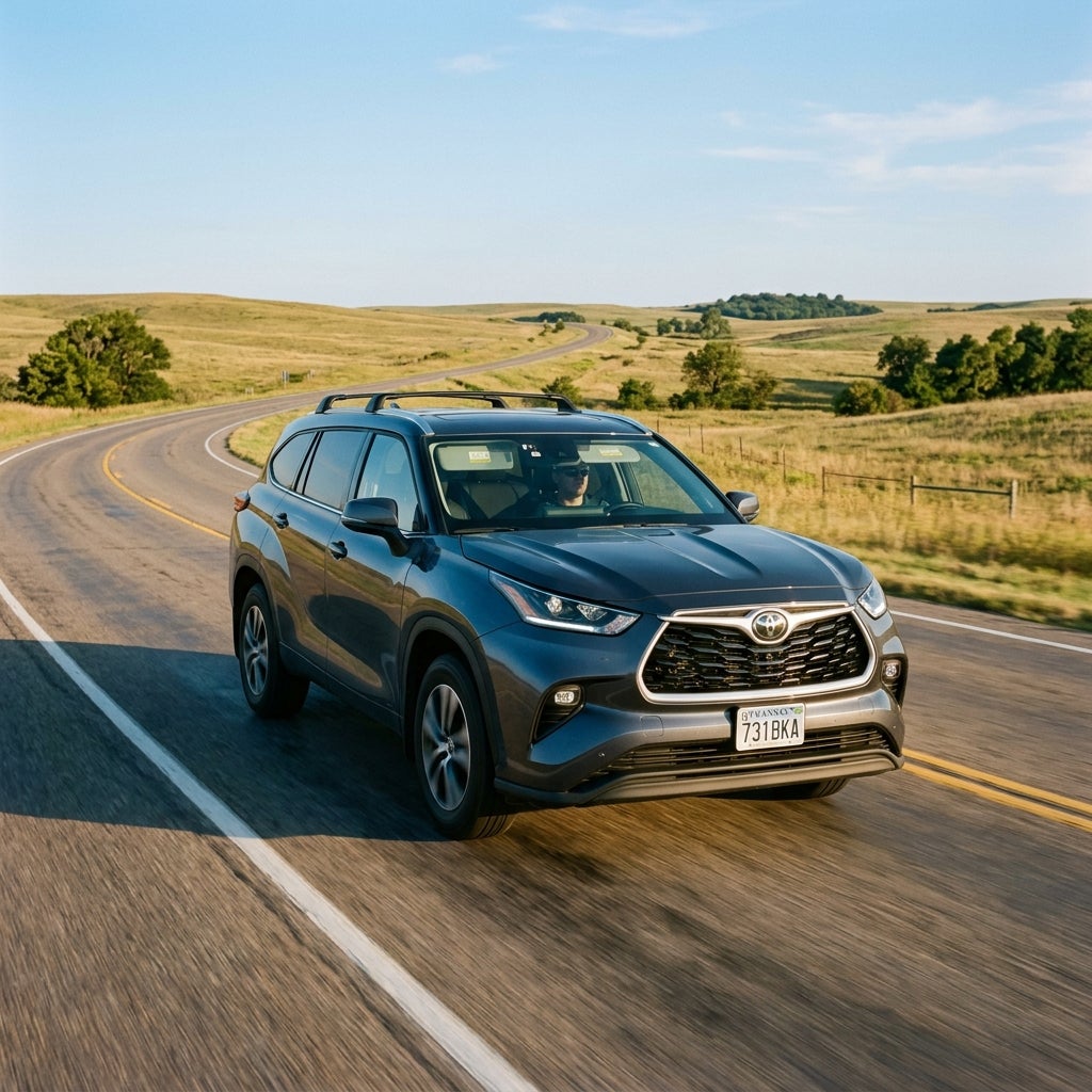 A dark grey Toyota Highlander SUV driving along a winding rural road through rolling grassy hills. (Representative image for illustration purposes only. Actual vehicle may vary based on trim and configuration.)