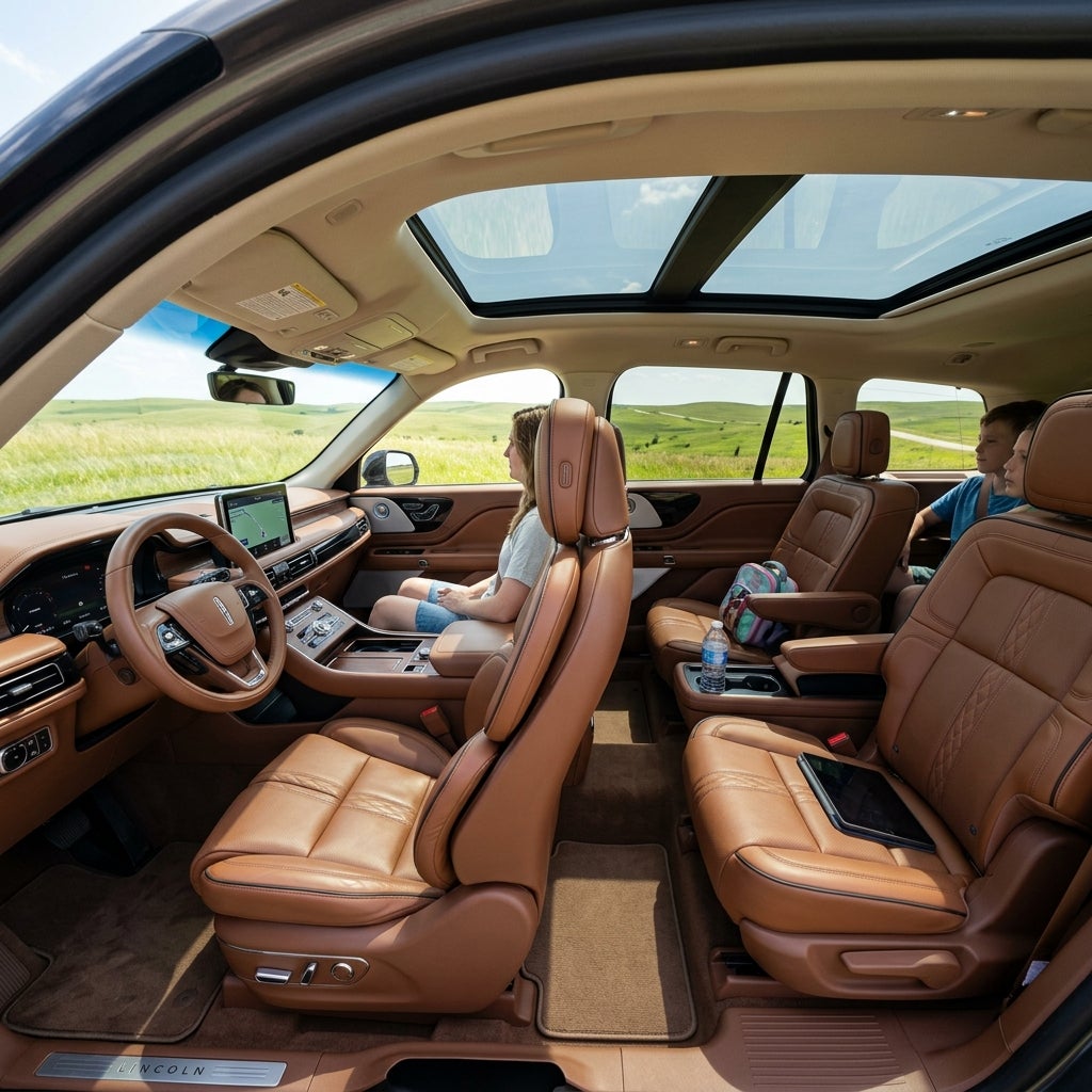 Interior of a Lincoln luxury SUV with brown leather seats, panoramic sunroof, and a family traveling past green hills. (Representative image for illustration purposes only. Actual vehicle may vary based on trim and configuration.)