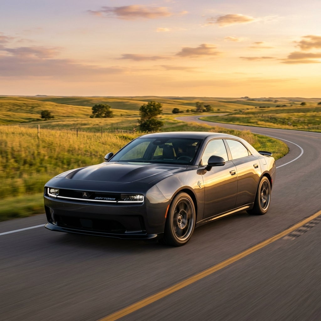 A dark grey Dodge Charger Daytona driving along a curved rural road surrounded by rolling hills at sunset. (Representative image for illustration purposes only. Actual vehicle may vary based on trim and configuration.)