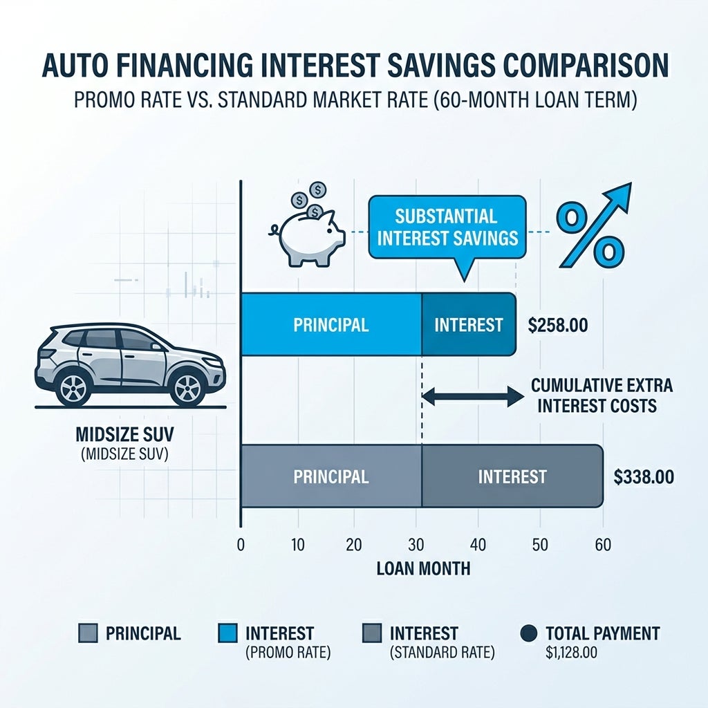 Chart comparing auto financing interest savings between a promo rate and standard rate over a 60-month loan term. (Representative image for illustration purposes only. Actual vehicle may vary based on trim and configuration.)