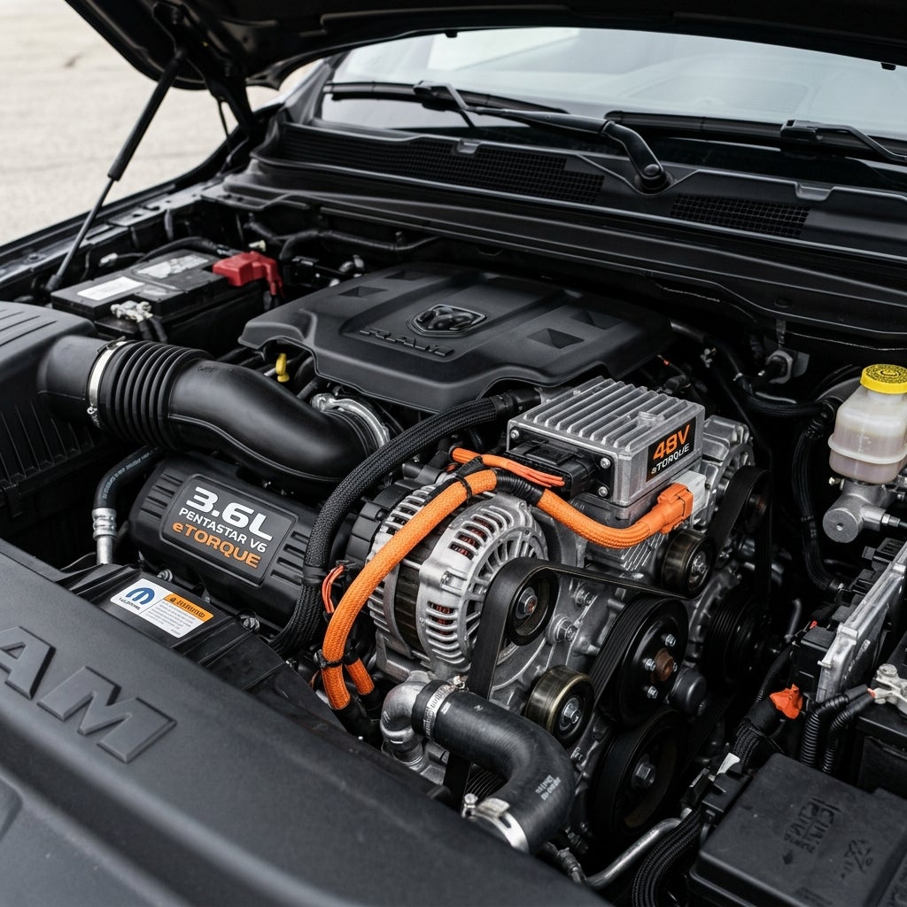 Close-up view of a Ram truck's 3.6L Pentastar V6 eTorque engine bay featuring 48V mild-hybrid components and orange cabling. (Representative image for illustration purposes only. Actual vehicle may vary based on trim and configuration.)