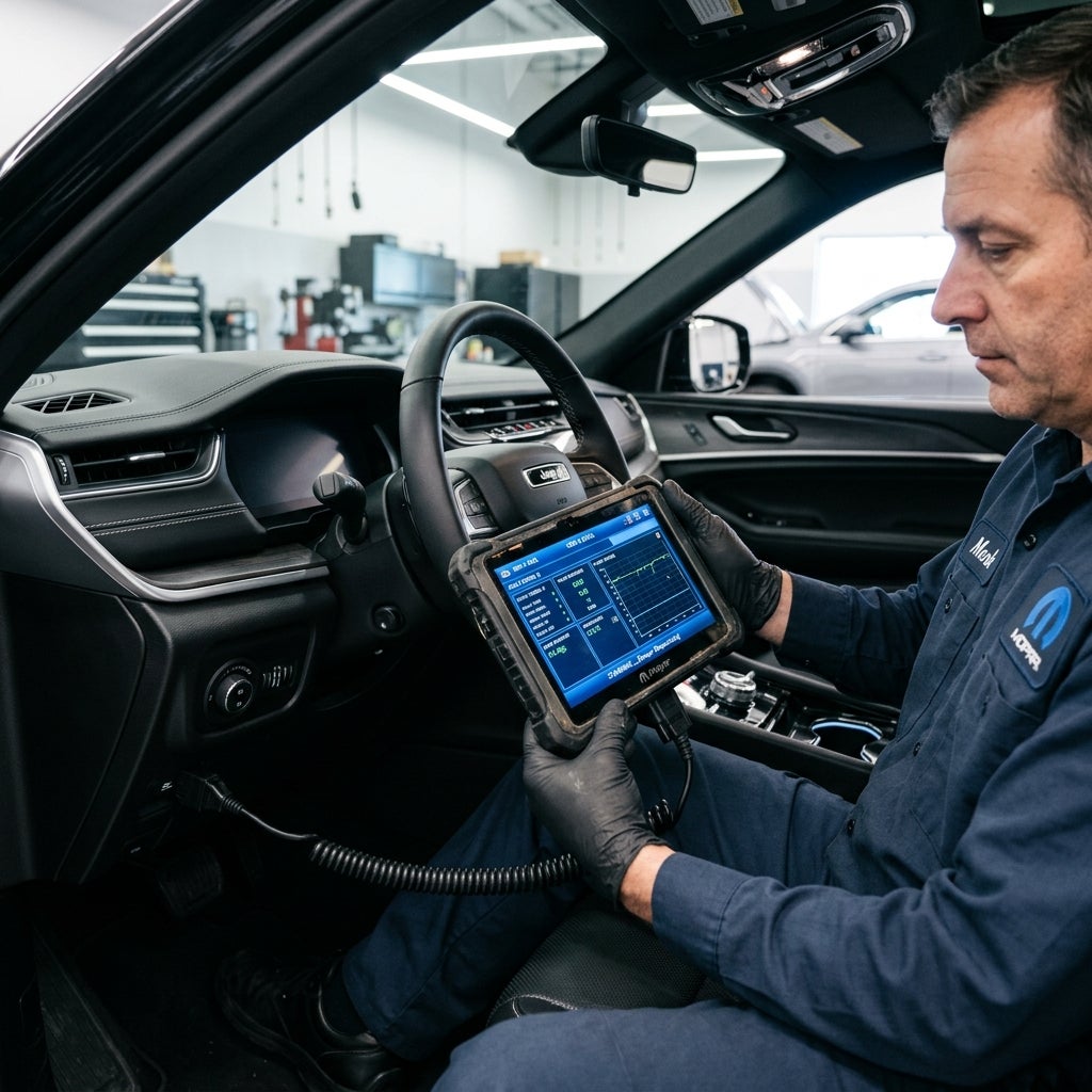 Automotive technician holding a diagnostic tablet connected to a car dashboard in a repair shop. (Representative image for illustration purposes only. Actual vehicle may vary based on trim and configuration.)