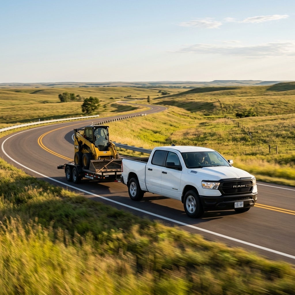 A white Ram pickup truck driving down a winding rural highway while towing a trailer with a yellow skid steer. (Representative image for illustration purposes only. Actual vehicle may vary based on trim and configuration.)