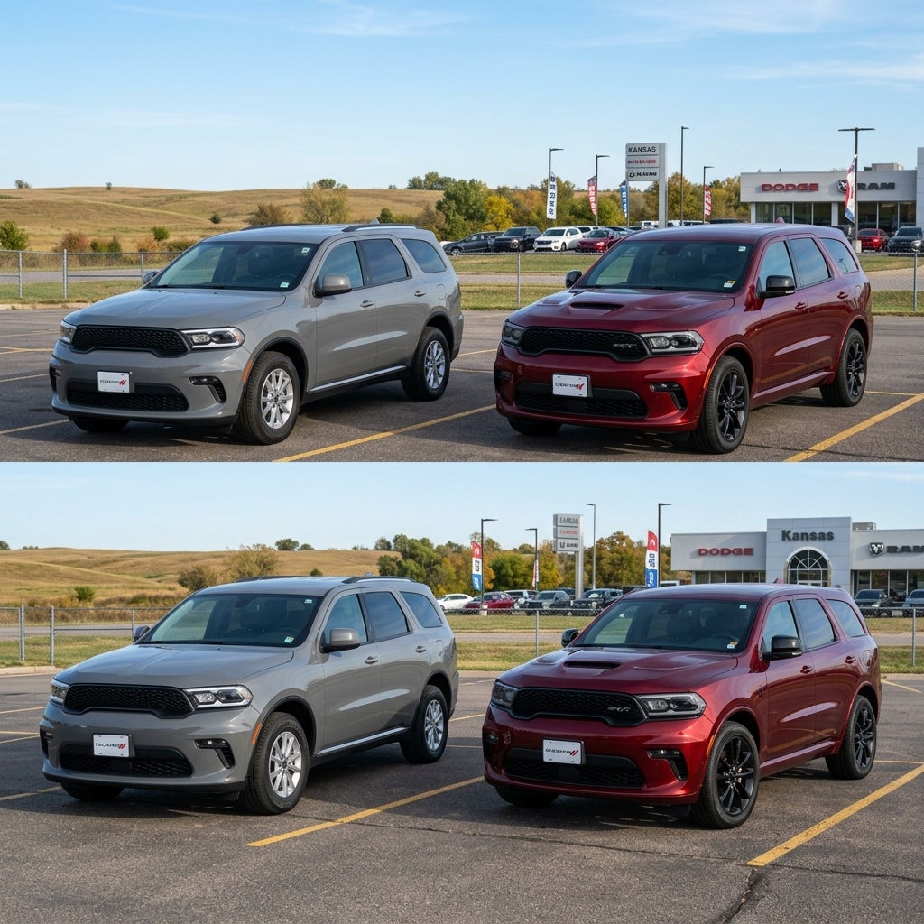 Grey and dark red Dodge Durango SUVs parked side-by-side in a dealership lot. (Representative image for illustration purposes only. Actual vehicle may vary based on trim and configuration.)