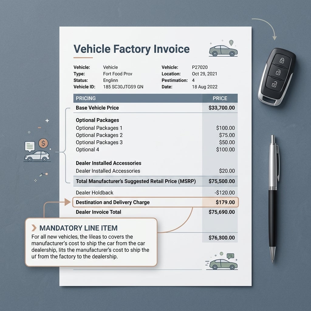 A car invoice document explaining the mandatory destination and delivery charge line item next to a car key and pen. (Representative image for illustration purposes only. Actual vehicle may vary based on trim and configuration.)