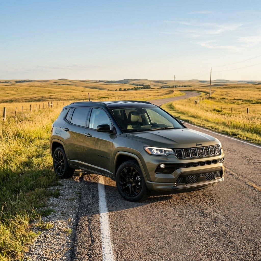 An olive green Jeep SUV parked along a paved country road surrounded by grassy rolling hills during sunset. (Representative image for illustration purposes only. Actual vehicle may vary based on trim and configuration.)