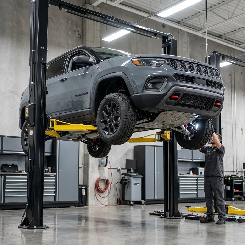 Grey Jeep SUV raised on a hydraulic lift in a modern auto repair shop as a mechanic inspects the underside. (Representative image for illustration purposes only. Actual vehicle may vary based on trim and configuration.)