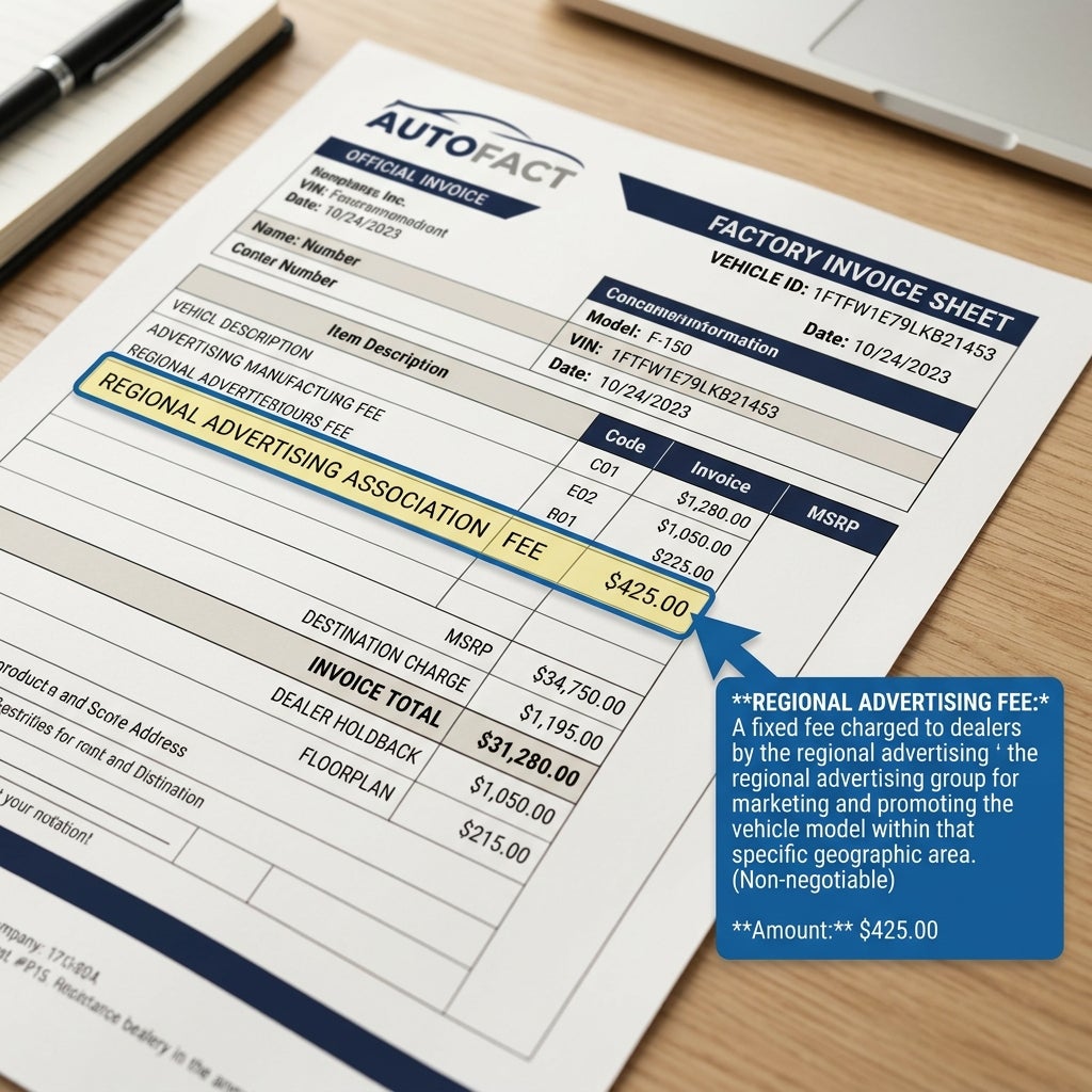 An AutoFact car factory invoice highlighting a regional advertising association fee of $425. (Representative image for illustration purposes only. Actual vehicle may vary based on trim and configuration.)