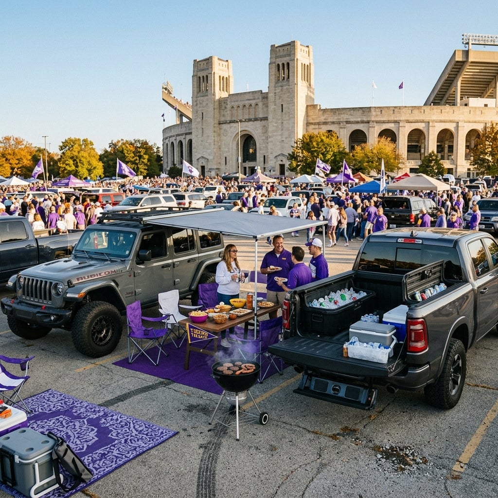 Fans tailgating with a grey Jeep and Ram pickup truck outside a crowded collegiate football stadium. (Representative image for illustration purposes only. Actual vehicle may vary based on trim and configuration.)