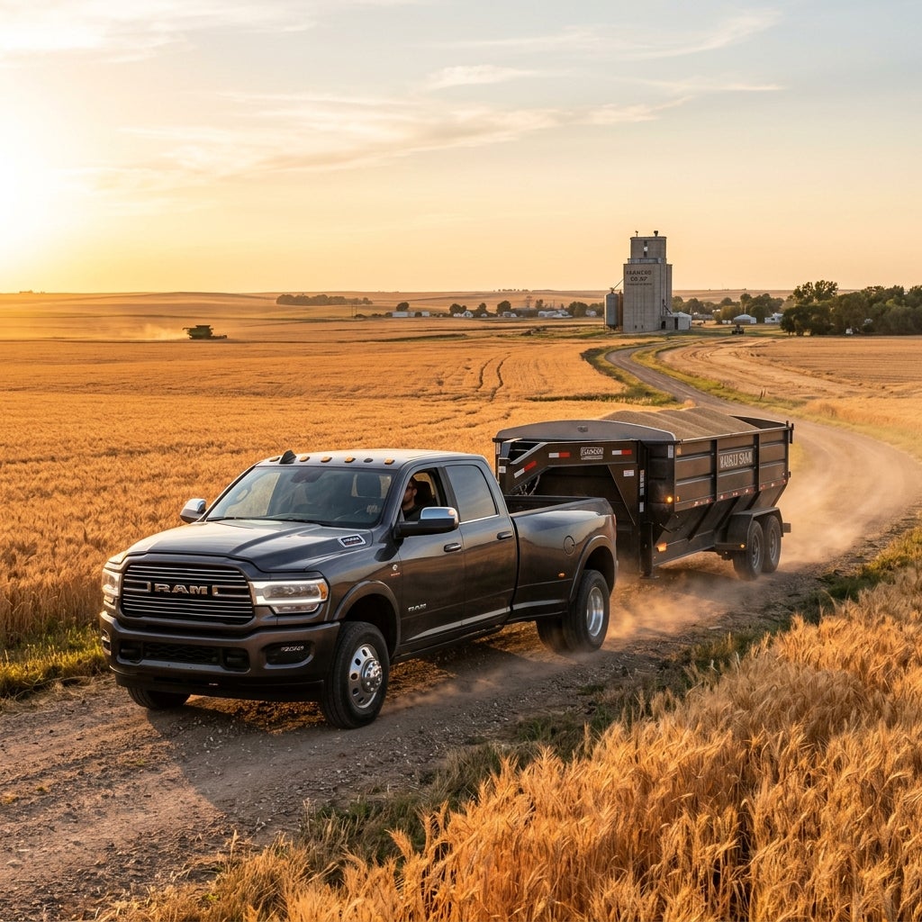 A dark grey Ram dually truck pulling a loaded grain trailer along a dirt road through a golden wheat field at sunset. (Representative image for illustration purposes only. Actual vehicle may vary based on trim and configuration.)