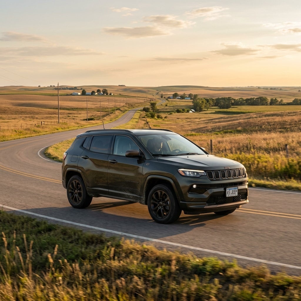 Dark green Jeep driving on a winding countryside road during golden hour sunset. (Representative image for illustration purposes only. Actual vehicle may vary based on trim and configuration.)