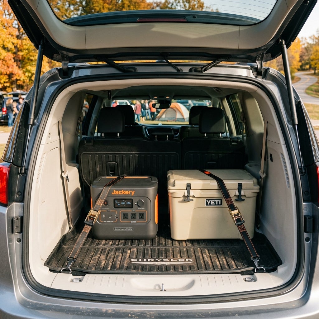 Jackery power station and Yeti cooler secured with straps inside the open trunk of a Chrysler vehicle. (Representative image for illustration purposes only. Actual vehicle may vary based on trim and configuration.)