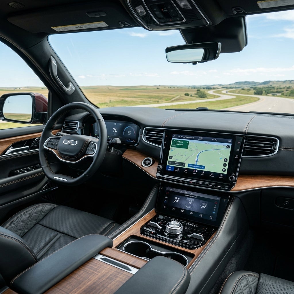 Interior view of a luxury SUV dashboard, digital navigation screen, steering wheel, and open road ahead. (Representative image for illustration purposes only. Actual vehicle may vary based on trim and configuration.)