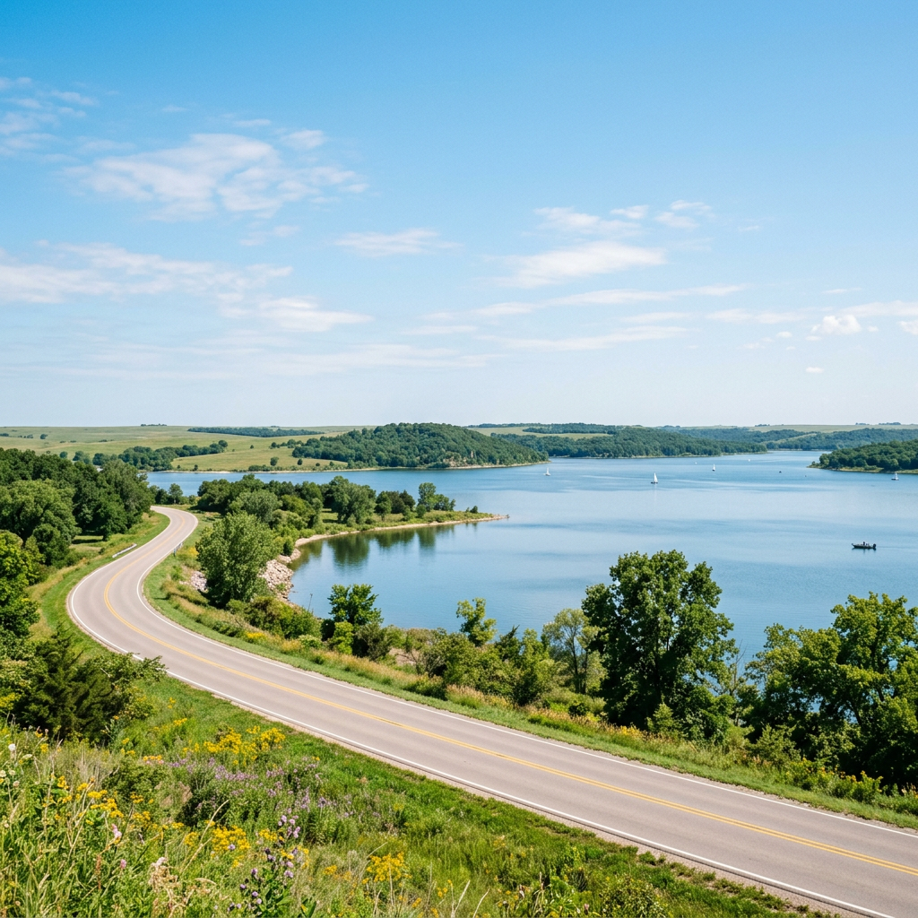 A scenic winding highway follows the shoreline of a blue lake under a bright summer sky. (Representative image for illustration purposes only. Actual vehicle may vary based on trim and configuration.)