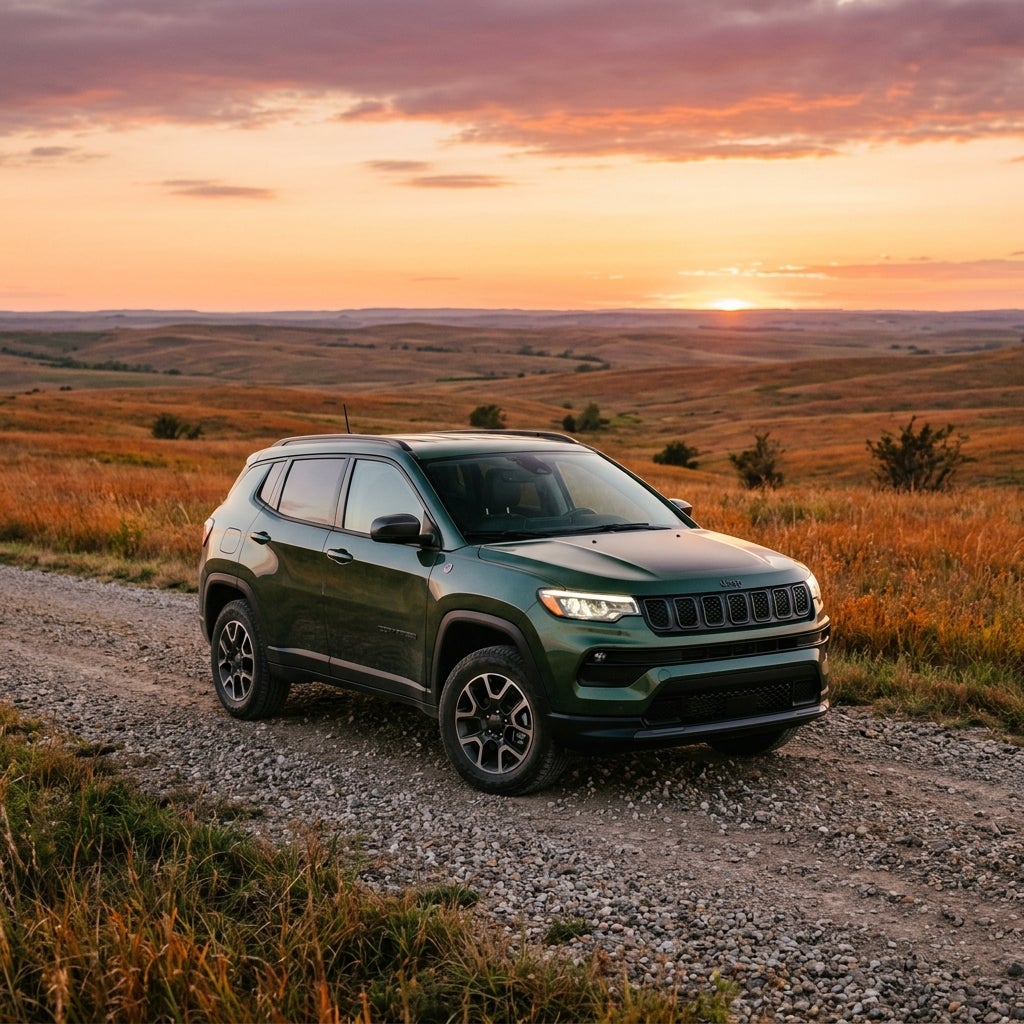 Dark green Jeep SUV parked on a gravel trail during a scenic sunset over rolling hills. (Representative image for illustration purposes only. Actual vehicle may vary based on trim and configuration.)