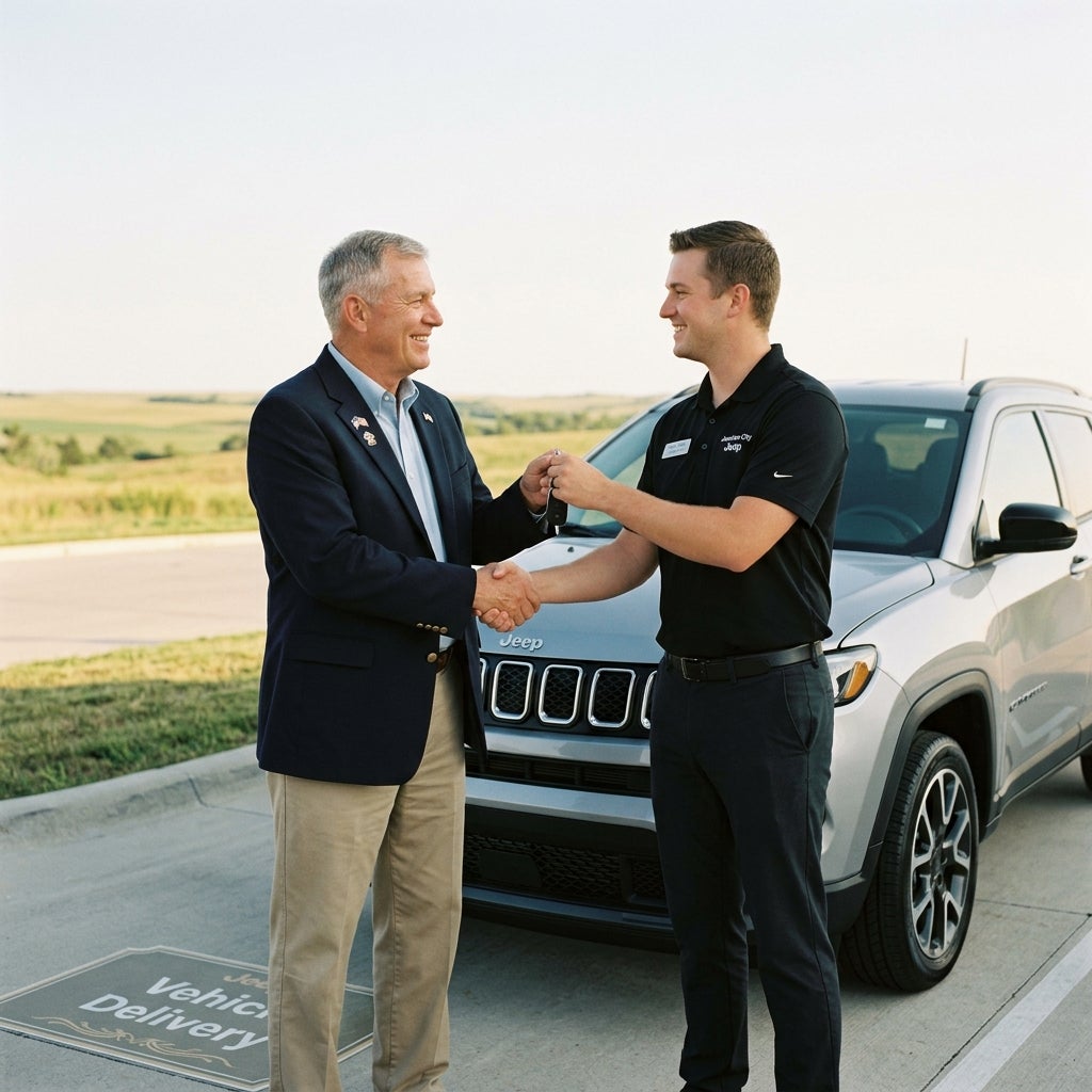 A smiling Jeep representative hands keys to a happy older customer during a vehicle delivery. (Representative image for illustration purposes only. Actual vehicle may vary based on trim and configuration.)