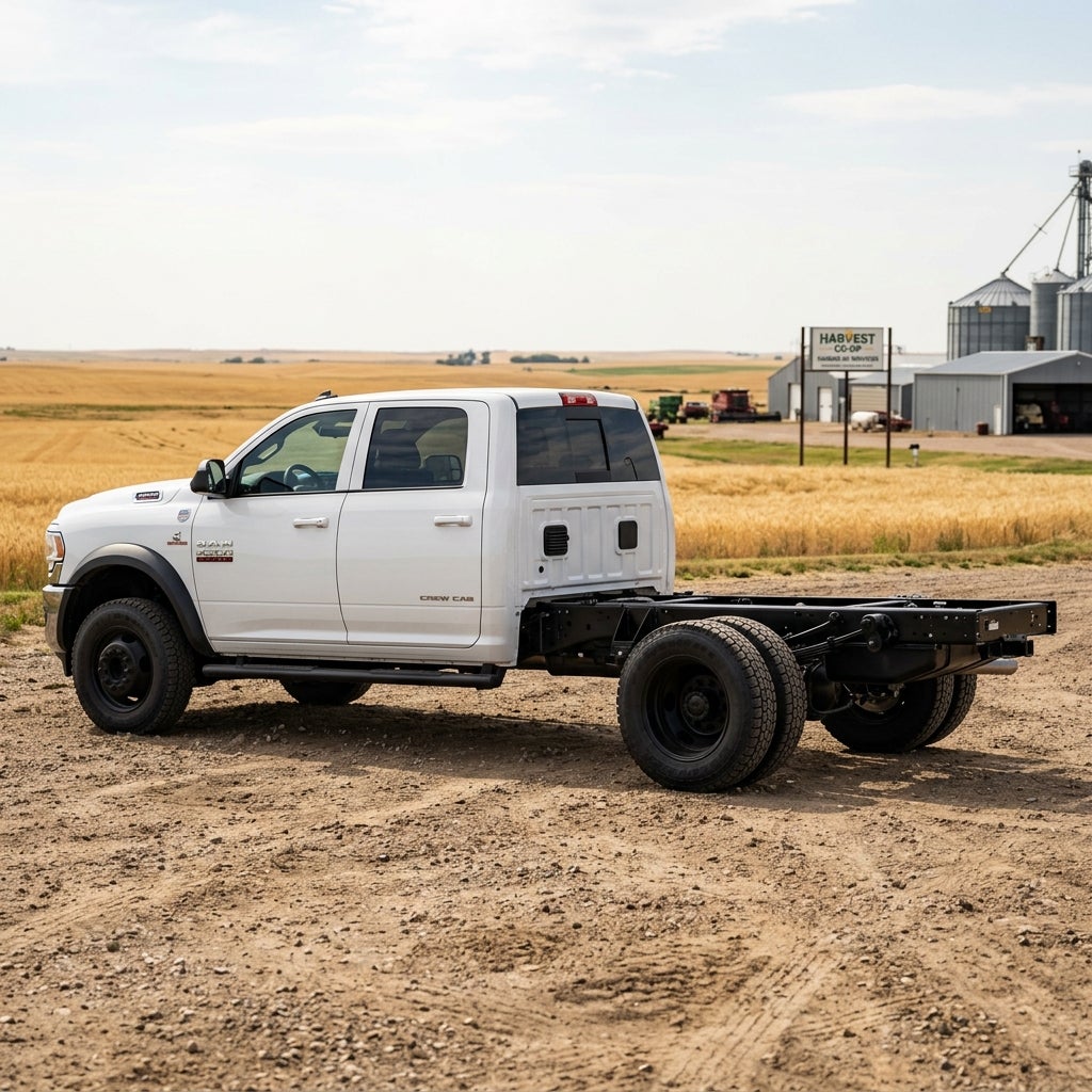 White Ram chassis cab truck parked on a dirt lot in front of a wheat field and farm silos. (Representative image for illustration purposes only. Actual vehicle may vary based on trim and configuration.)