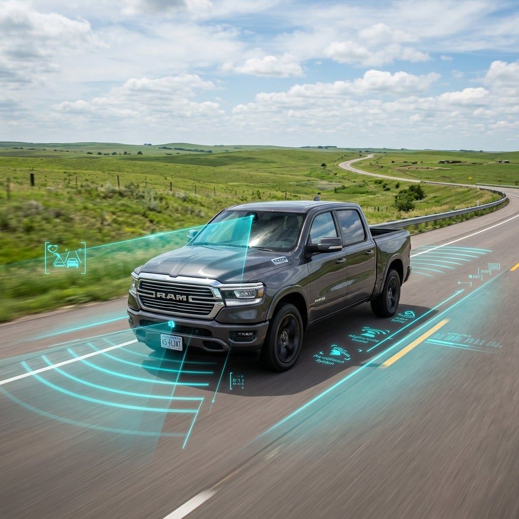 A grey RAM pickup truck driving on a rural road with futuristic cyan sensor graphics illustrating driver-assist features. (Representative image for illustration purposes only. Actual vehicle may vary based on trim and configuration.)