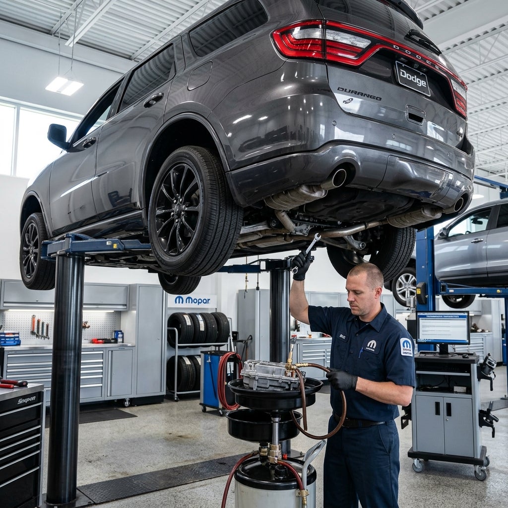 Mechanic in a Mopar uniform using a wrench under a Dodge Durango SUV raised on a hydraulic lift. (Representative image for illustration purposes only. Actual vehicle may vary based on trim and configuration.)