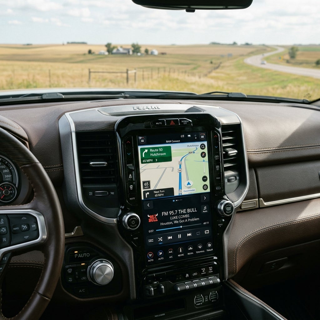 Driver's perspective inside a Ram truck showing a large vertical touchscreen display with GPS navigation. (Representative image for illustration purposes only. Actual vehicle may vary based on trim and configuration.)