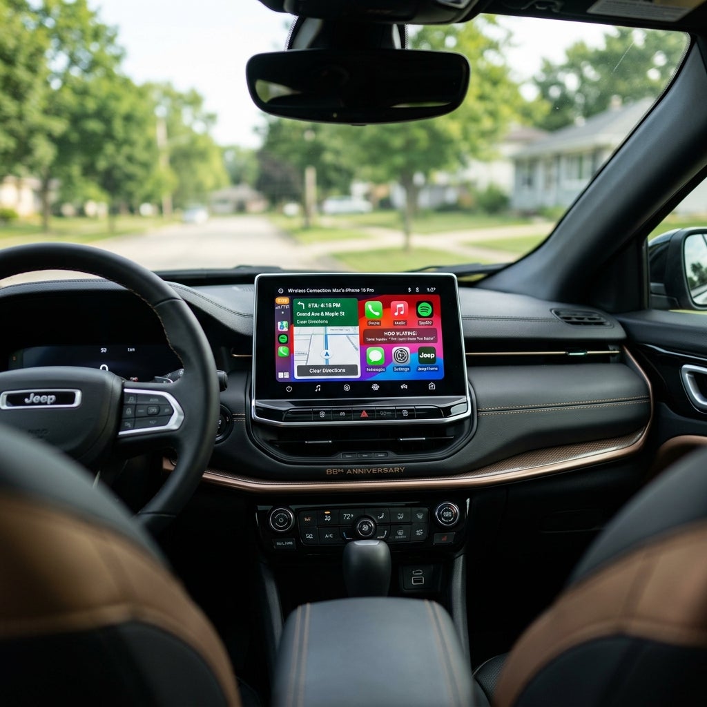 View from inside a Jeep showing the dashboard, infotainment screen with Apple CarPlay, and steering wheel. (Representative image for illustration purposes only. Actual vehicle may vary based on trim and configuration.)