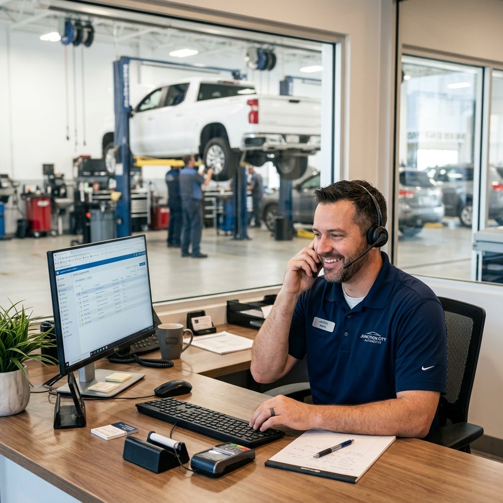 A smiling auto service advisor wearing a headset works at his desk, with a repair bay visible through the window. (Representative image for illustration purposes only. Actual vehicle may vary based on trim and configuration.)