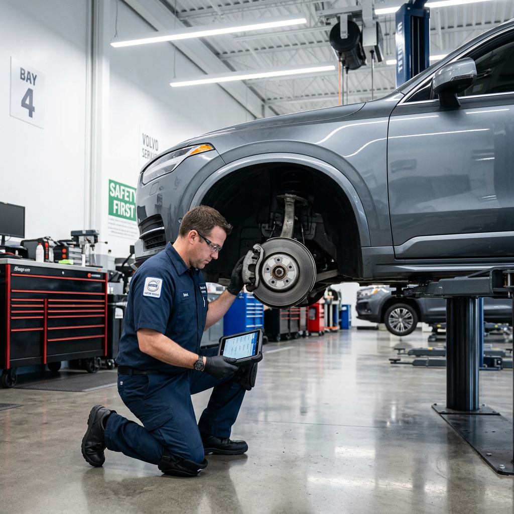 A mechanic in a blue uniform kneels to inspect a lifted SUV's brake rotor while holding a diagnostic tablet. (Representative image for illustration purposes only. Actual vehicle may vary based on trim and configuration.)