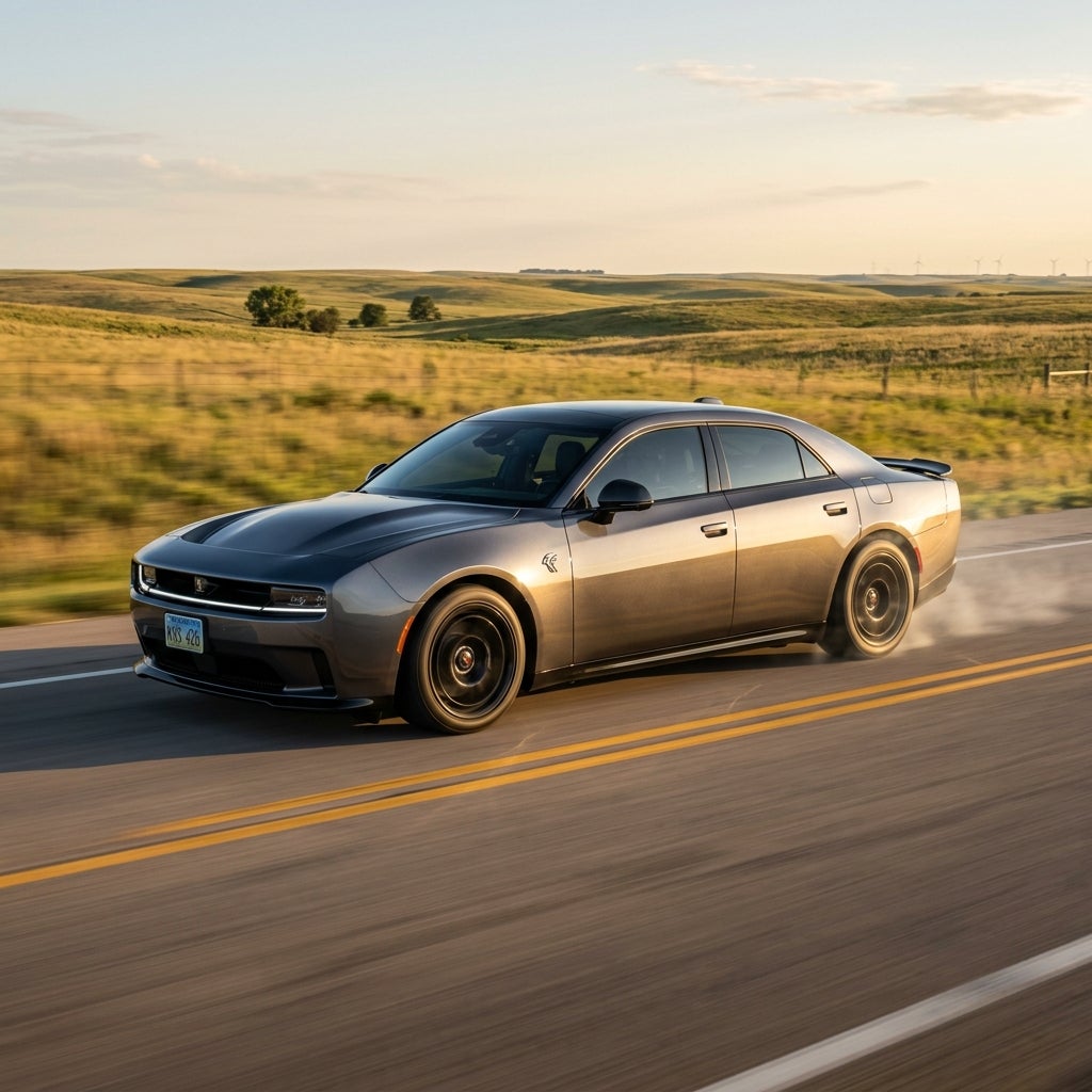 A dark grey Dodge Charger driving fast along a rural road, kicking up tire smoke at golden hour. (Representative image for illustration purposes only. Actual vehicle may vary based on trim and configuration.)