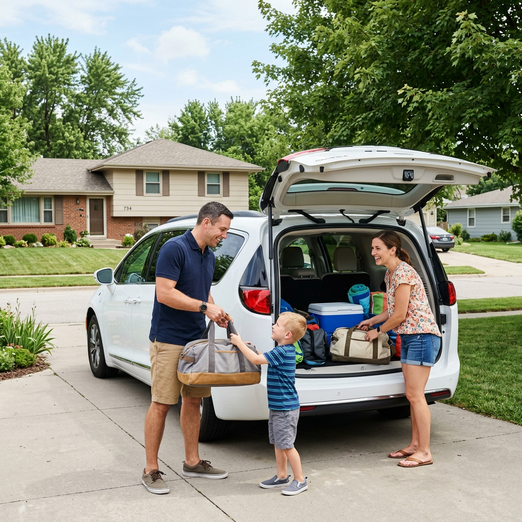 A family of three happily loads bags into the trunk of a white minivan parked in a suburban driveway. (Representative image for illustration purposes only. Actual vehicle may vary based on trim and configuration.)