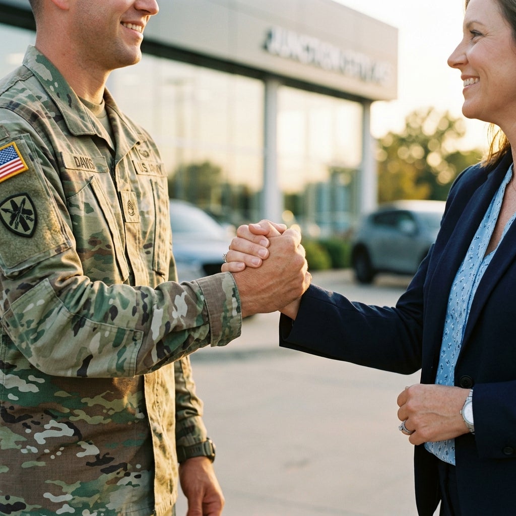 A U.S. Army soldier in uniform shakes hands with a woman in a business suit outside a dealership. (Representative image for illustration purposes only. Actual vehicle may vary based on trim and configuration.)