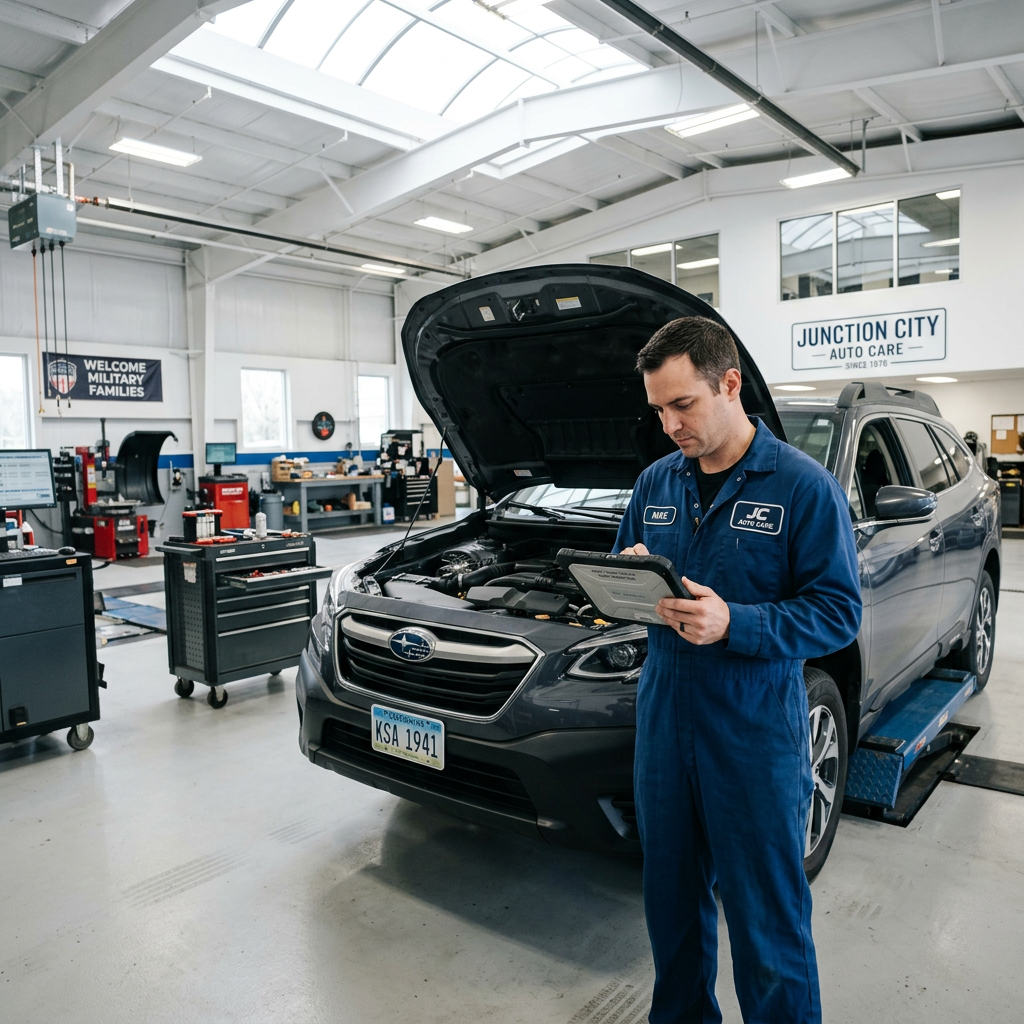 A mechanic in blue overalls uses a tablet next to a car with an open hood in an auto repair shop. (Representative image for illustration purposes only. Actual vehicle may vary based on trim and configuration.)