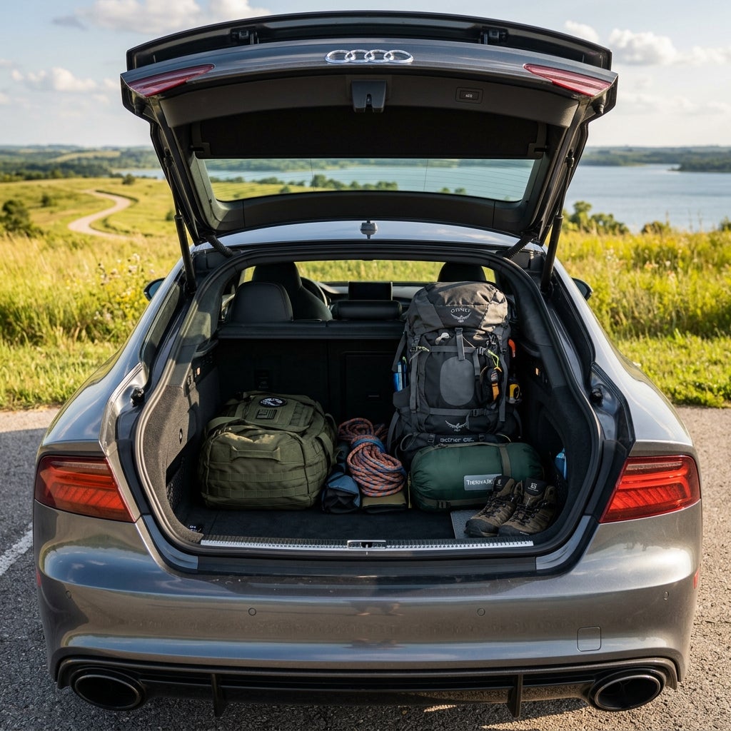 Open trunk of a grey Audi filled with camping gear, a hiking backpack, climbing rope, and boots overlooking a lake. (Representative image for illustration purposes only. Actual vehicle may vary based on trim and configuration.)