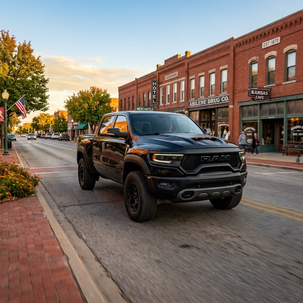 Black Ram 1500 TRX truck driving down a historic main street lined with red brick buildings at sunset. (Representative image for illustration purposes only. Actual vehicle may vary based on trim and configuration.)