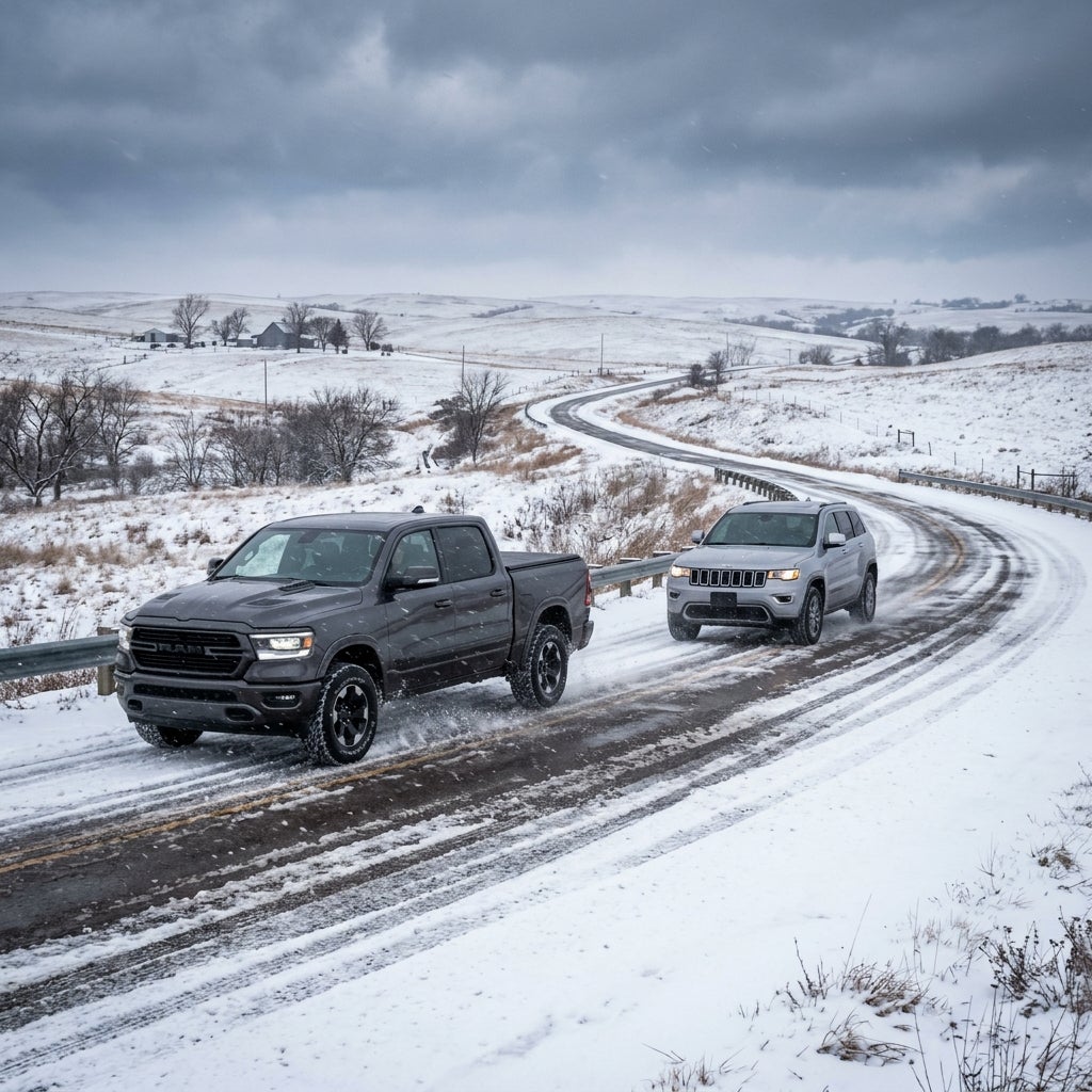 Dark grey RAM truck and silver Jeep SUV driving along a curving snow-covered rural road under an overcast sky. (Representative image for illustration purposes only. Actual vehicle may vary based on trim and configuration.)