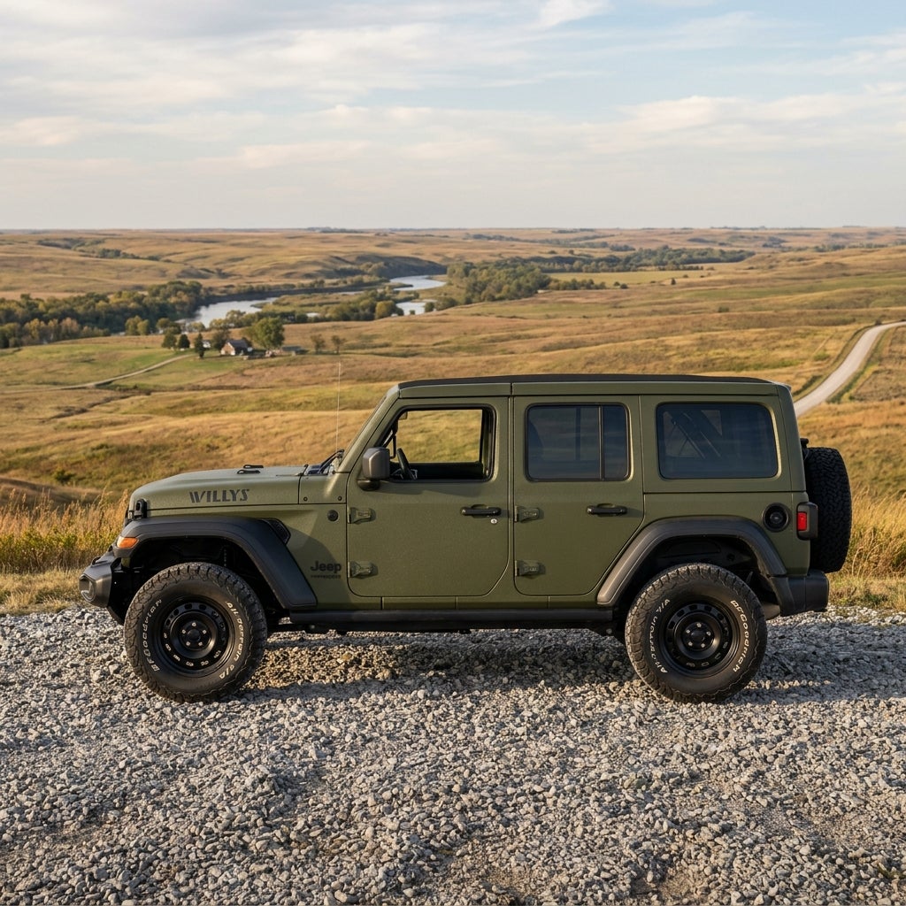 Olive green Jeep Wrangler Willys parked on a gravel hilltop overlooking rolling rural countryside. (Representative image for illustration purposes only. Actual vehicle may vary based on trim and configuration.)