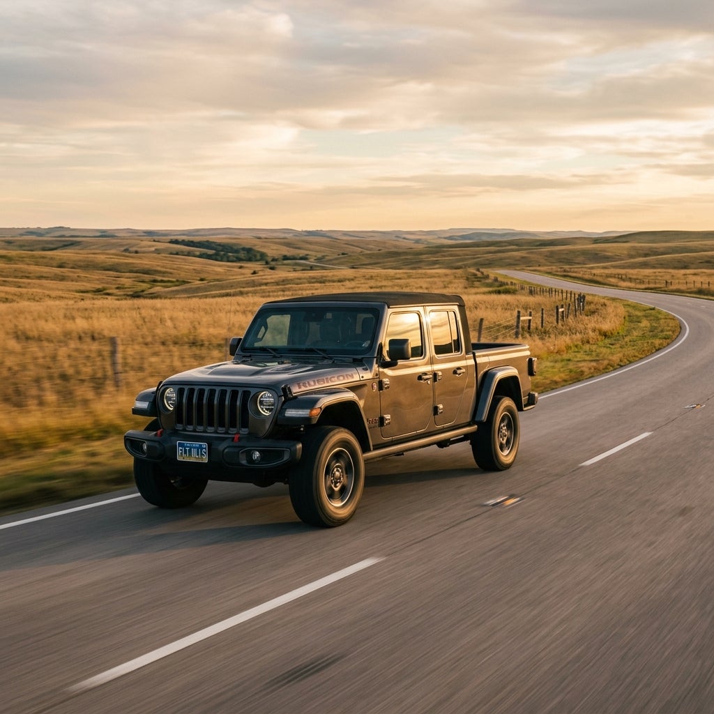 Dark gray Jeep Gladiator Rubicon pickup truck driving on a curved road through rolling grassy hills at sunset. (Representative image for illustration purposes only. Actual vehicle may vary based on trim and configuration.)