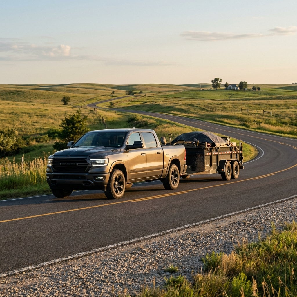 A dark gray Ram pickup truck towing a loaded utility trailer on a curving rural road surrounded by rolling hills. (Representative image for illustration purposes only. Actual vehicle may vary based on trim and configuration.)