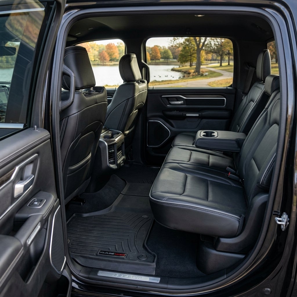 Spacious rear seating area of a pickup truck with black leather seats and all-weather floor mats. (Representative image for illustration purposes only. Actual vehicle may vary based on trim and configuration.)