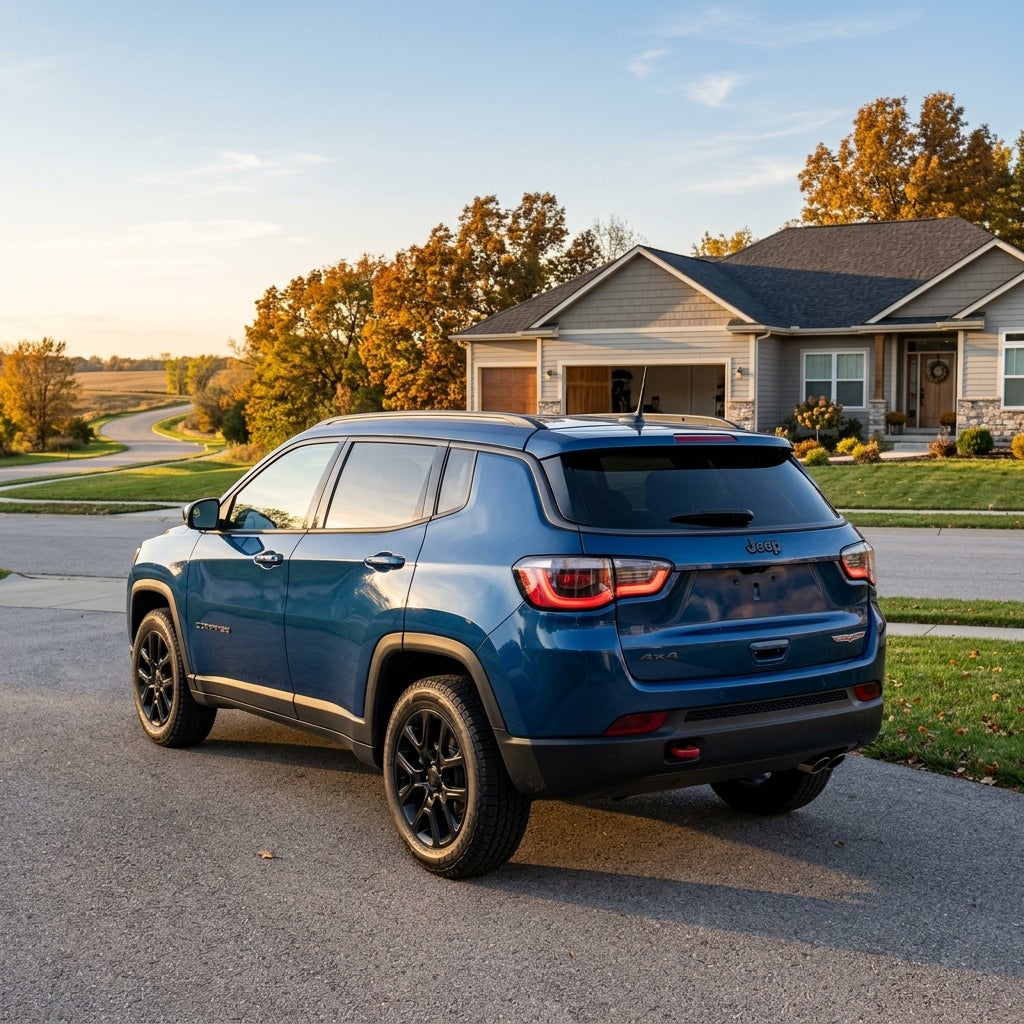 Blue Jeep Compass parked on a driveway in front of a suburban home during autumn. (Representative image for illustration purposes only. Actual vehicle may vary based on trim and configuration.)