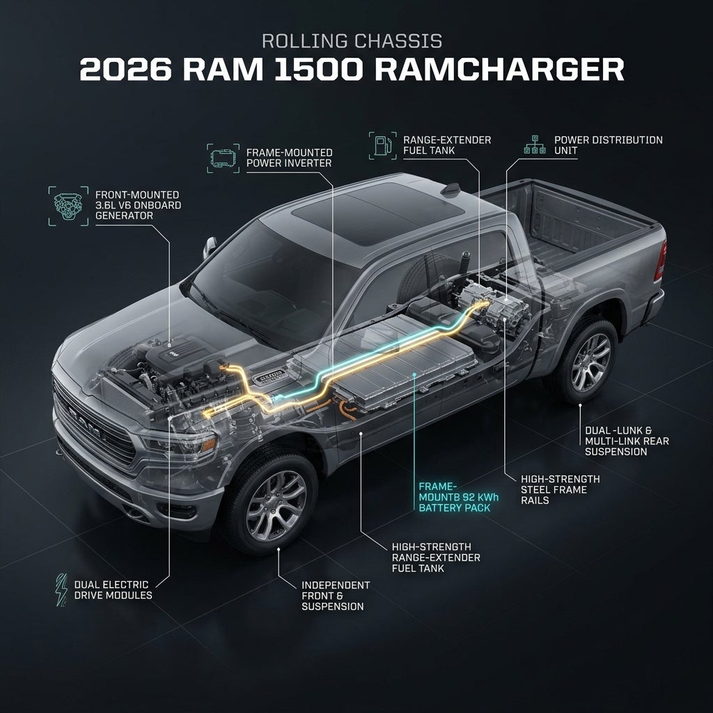 Technical cutaway diagram illustrating the electric powertrain and chassis components of the 2026 Ram 1500 Ramcharger. (Representative image for illustration purposes only. Actual vehicle may vary based on trim and configuration.)