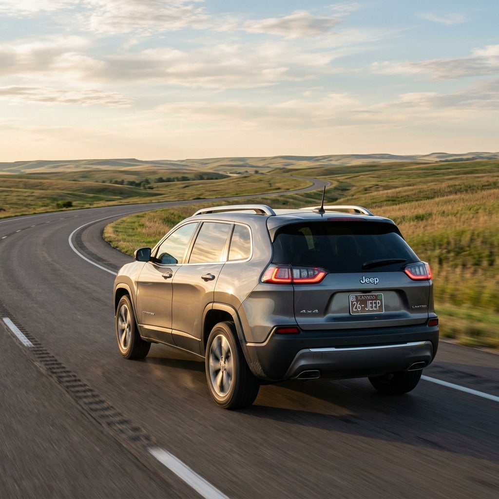 Silver Jeep Cherokee SUV driving along a winding rural road through rolling green hills at golden hour. (Representative image for illustration purposes only. Actual vehicle may vary based on trim and configuration.)